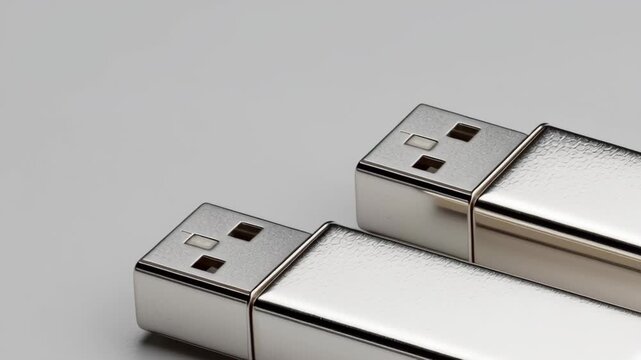 Sleek metallic silver usb flash drive pair, portable storage and memory device for data backup, minimal modern technology accessory with reflective