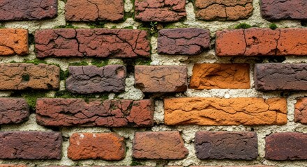 Old brick wall texture with moss, architecture detail background