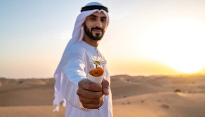 Man in traditional garb offers a single flower in a desert sunset
