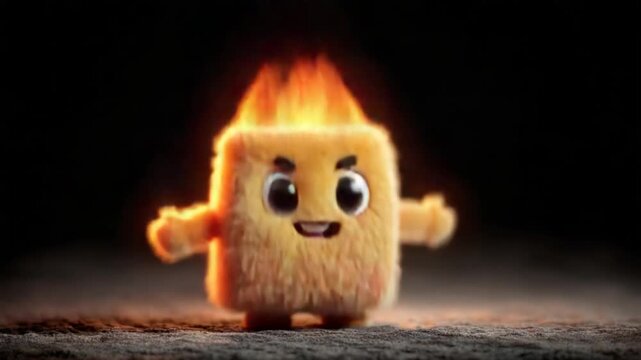 A fluffy, cube-shaped creature, fiery orange in color, is set against a dark background.  Flames emerge from its head.  The character has a grumpy expression