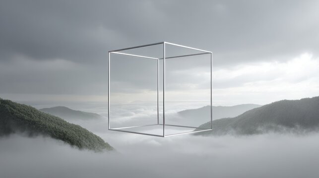 Abstract cube floating above misty mountains in cloudy environment