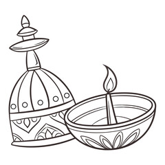 Traditional indian diya oil lamp and ornate decorative lantern with intricate patterns and a lit flame symbolizing celebration and light