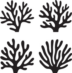 Set of Black Coral Silhouettes and Marine Plant Vector Icons
