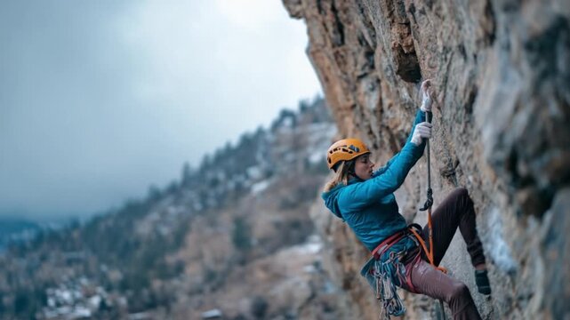 Rock Climbing Adventure: A daring female rock climber fearlessly scales a sheer rock face, showcasing her strength and determination amidst a stunning mountain landscape.