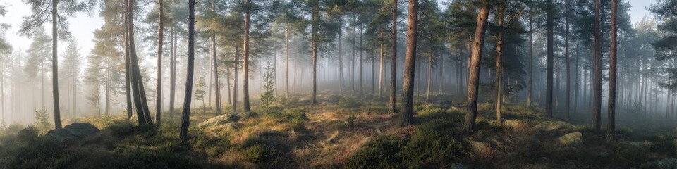 Obraz premium Misty forest landscape hdr panorama enchanted nature tranquil environment