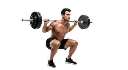A muscular man performing a barbell squat, highlighting strength and fitness, isolated on transparent background