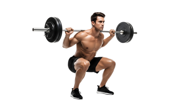 A muscular man performing a barbell squat, highlighting strength and fitness, isolated on transparent background