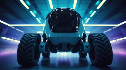 Futuristic vehicle with garage, and neon lights.