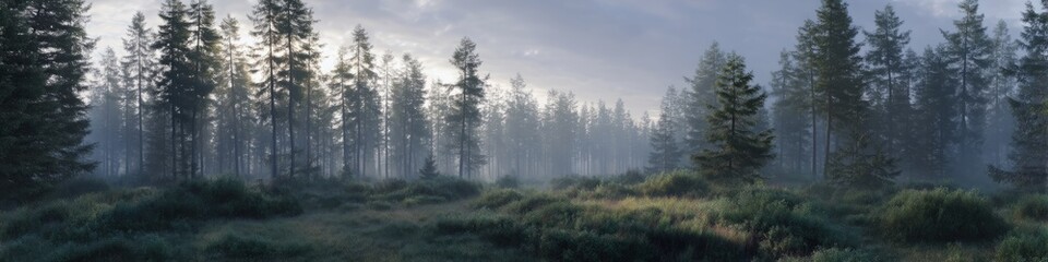 Fototapeta premium Misty forest landscape hdr panoramic view in nature's embrace