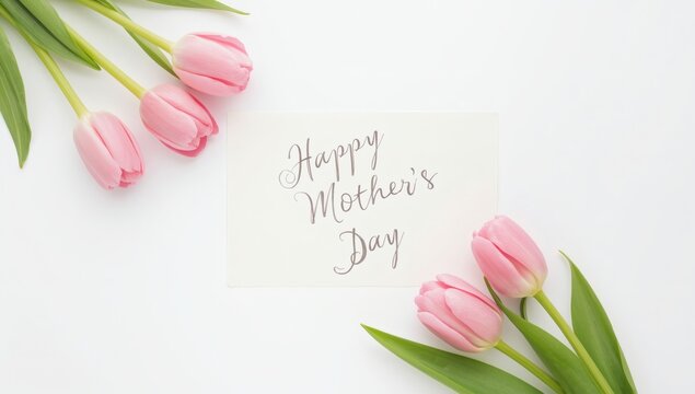 Delicate pink tulips adorn a white surface with a handwritten thank you note - Powered by Adobe