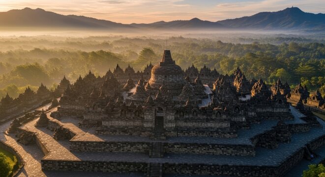 Majestic Borobudur Temple at Sunrise: Aerial View of Ancient Buddhist Stupas Emerge from Misty Tropical Forest and Mountains in Central Java, Indonesia