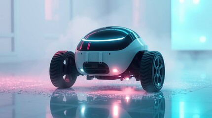 Futuristic vehicle with neon lights, and studio.