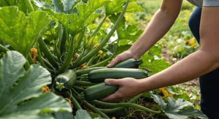 A person's hands holding several zucchini near a zucchini plant