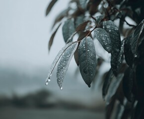Dewdrops cling to dark leaves creating a moody, refreshing natural macro scene