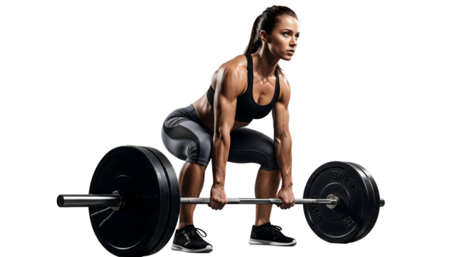A strong woman performs a deadlift with determination and focus, showcasing her strength and fitness, isolated on transparent background