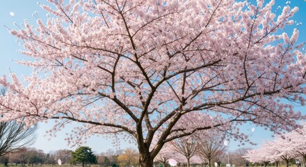 Obraz premium A vibrant cherry blossom tree, full of delicate pink flowers, against a clear blue sky