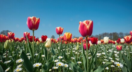 A vibrant field of tulips and daisies under a clear blue sky.  Red, orange, yellow, and white tulips stand tall among a carpet of white daisies