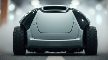 Futuristic vehicle with rear view, and parking garage.