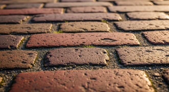 Red brick pavement with small grass tufts closeup, ground level shot