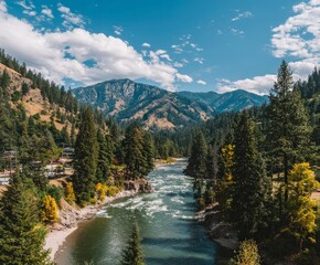 Majestic river flows through lush green forest toward distant, rugged mountains under a bright blue sky