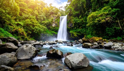 Lush waterfall cascading down rocky stream bed in a dense green forest