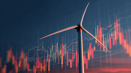 A single wind turbine for clean power generation with a financial stock market chart overlay representing the renewable energy industry economy