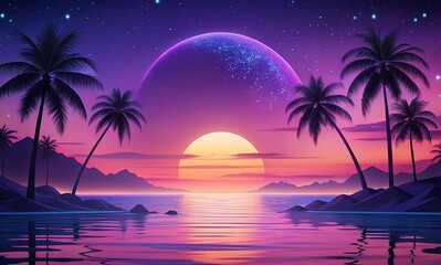 A vibrant digital illustration of a tropical sunset with a crescent moon, palm trees silhouetted against a gradient sky, and a serene lake reflecting the colors.