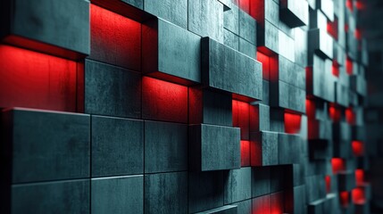 Fototapeta premium 3D wall of dark squares with red light emitting from behind, perspective