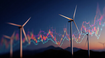 Wind turbines silhouetted against a twilight sky with a vibrant financial chart overlay representing data analysis and the economics of renewable energy