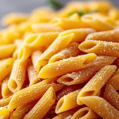 Macro Shot of Raw Yellow Penne Pasta with Grated White Cheese on Grey Background