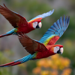 Two vibrant parrots flying in a tropical setting.