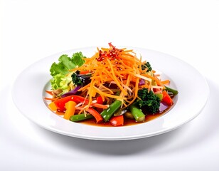 Colorful Asian Vegetable Salad with Carrot Garnish on White Plate.