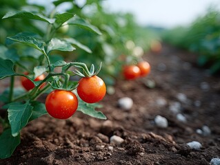 Macro Shot Of Ripe Red Cherry Tomatoes Growing On Vine In A Sunny Field