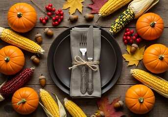 Elegant dark plate and silverware centered among natural fall holiday decorations on a textured wooden background