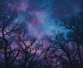 Vibrant galaxy swirls above silhouetted bare trees, a celestial dreamscape for wonder and exploration