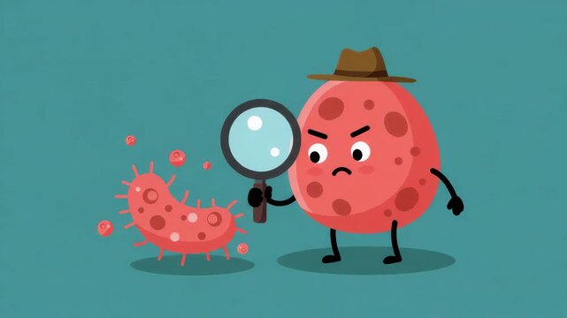 A cartoon character inspects germs closely with a magnifying glass in a playful animation