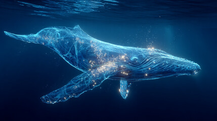 Fototapeta premium A magnificent glowing whale swims gracefully through the deep blue ocean its body a translucent constellation of shimmering lights and ethereal energy