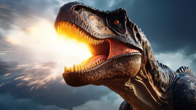 Ferocious Tyrannosaurus Rex Roaring in a Prehistoric Landscape on cloudy day