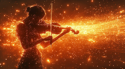 Silhouette of a Violinist Playing Amidst Fiery Particles