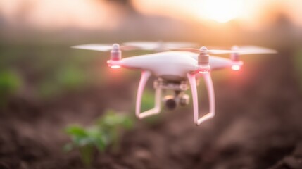 Drone flying over a field at sunset capturing agricultural data