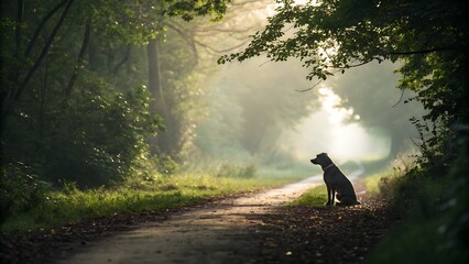Dog sitting on a path in a misty forest with sunlight shining through