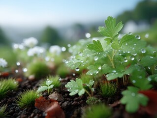 Macro Shot Of Sprouting Plant With Water Droplets On Leaves In Sunlight