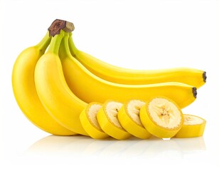 Ripe Bananas - A Vibrant Bunch with Sliced Pieces on White.