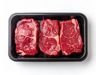 Three Fresh Raw Beef Steaks in Black Tray, Ready to Cook.