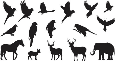 Wild animal and bird silhouette collection with horse, deer, elephant, parrot, flying birds, nature vector illustration