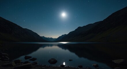A serene mountain lake at night, bathed in moonlight