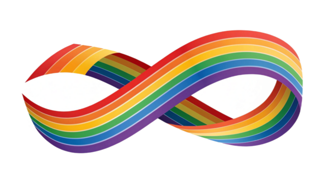A rainbow colored infinity symbol on a black background with a white center design element