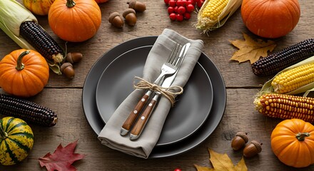 Elegant dark plate and silverware centered among natural fall holiday decorations on a textured wooden background