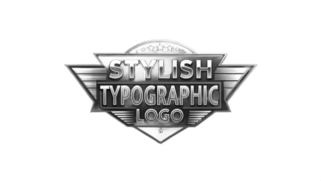 A shiny silver stylish typographic logo with stars on a black background in a decorative frame