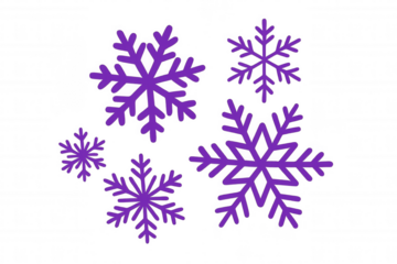 Purple snowflakes winter illustration, falling frozen crystal elements for seasonal holidays design with transparent alpha channel